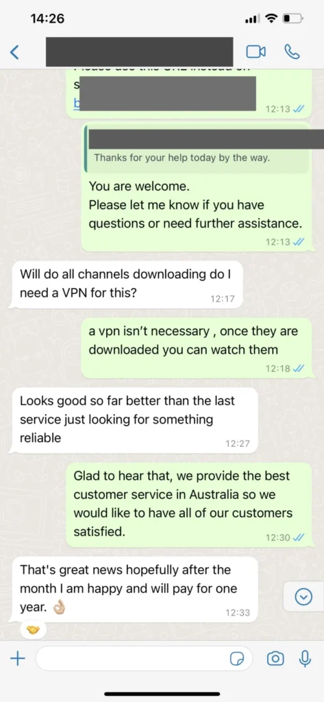 XCodesIPTV WhatsApp Customer Feedback Screenshot 3